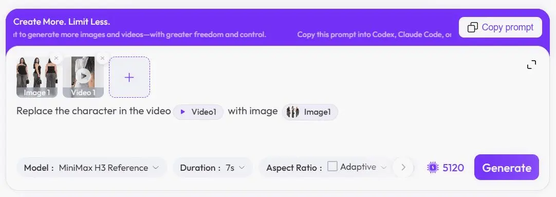MiniMax H3 upload interface showing the source video, model reference, replacement prompt, and generated result