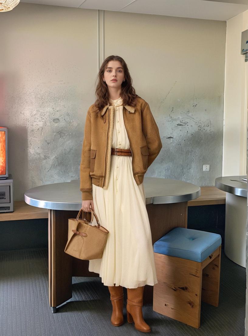 A Woman In A Stylish Fall Outfit Stands In A Modern Room With Contemporary Furniture And Decor