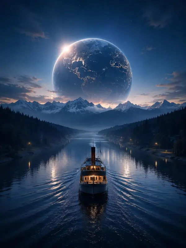 月色下船只穿过宁静河流