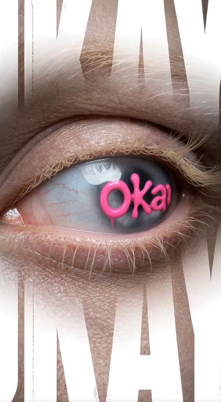 Macro eye with pink OKAY typography