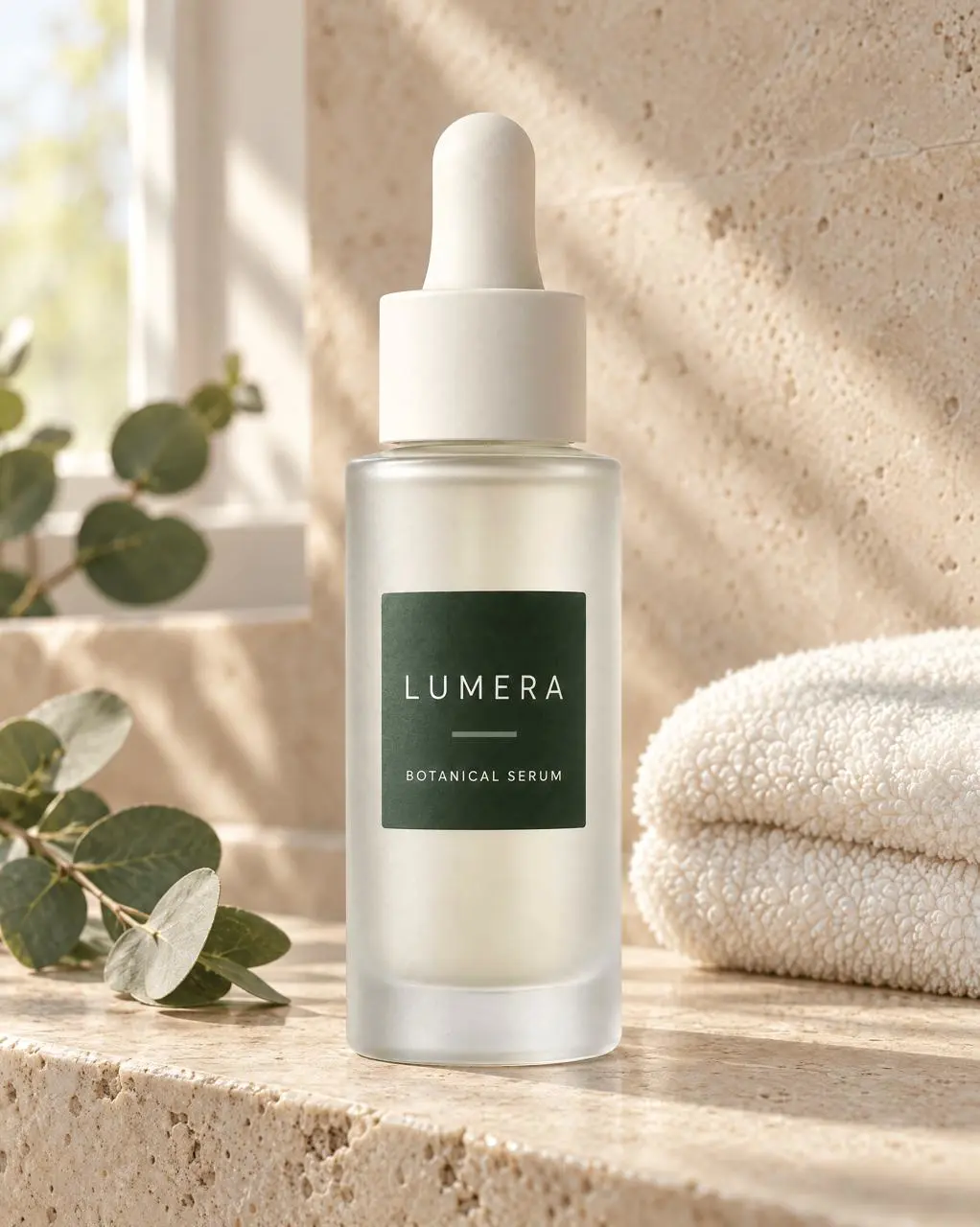 GPT Image 2.5 lifestyle ecommerce image of the LUMERA serum