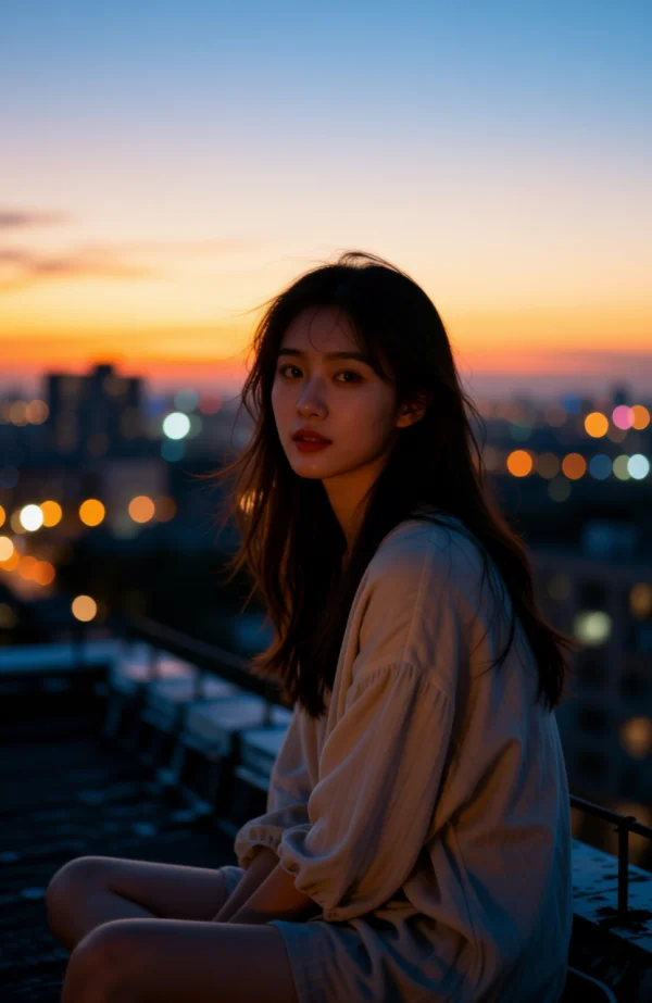 해 질 녘 옥상에서 포즈를 취하는 여성
