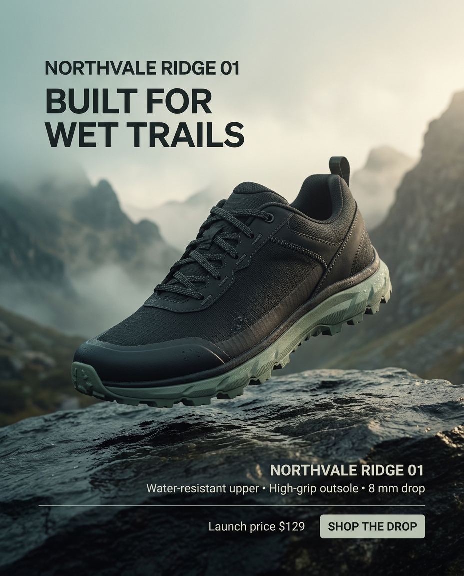 Nano Banana Pro outdoor shoe launch poster
