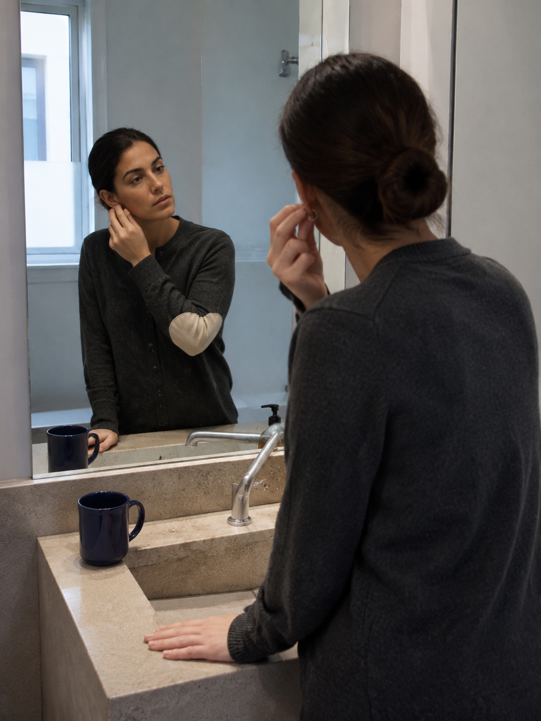 GPT Image 2 woman putting on an earring in a mirror