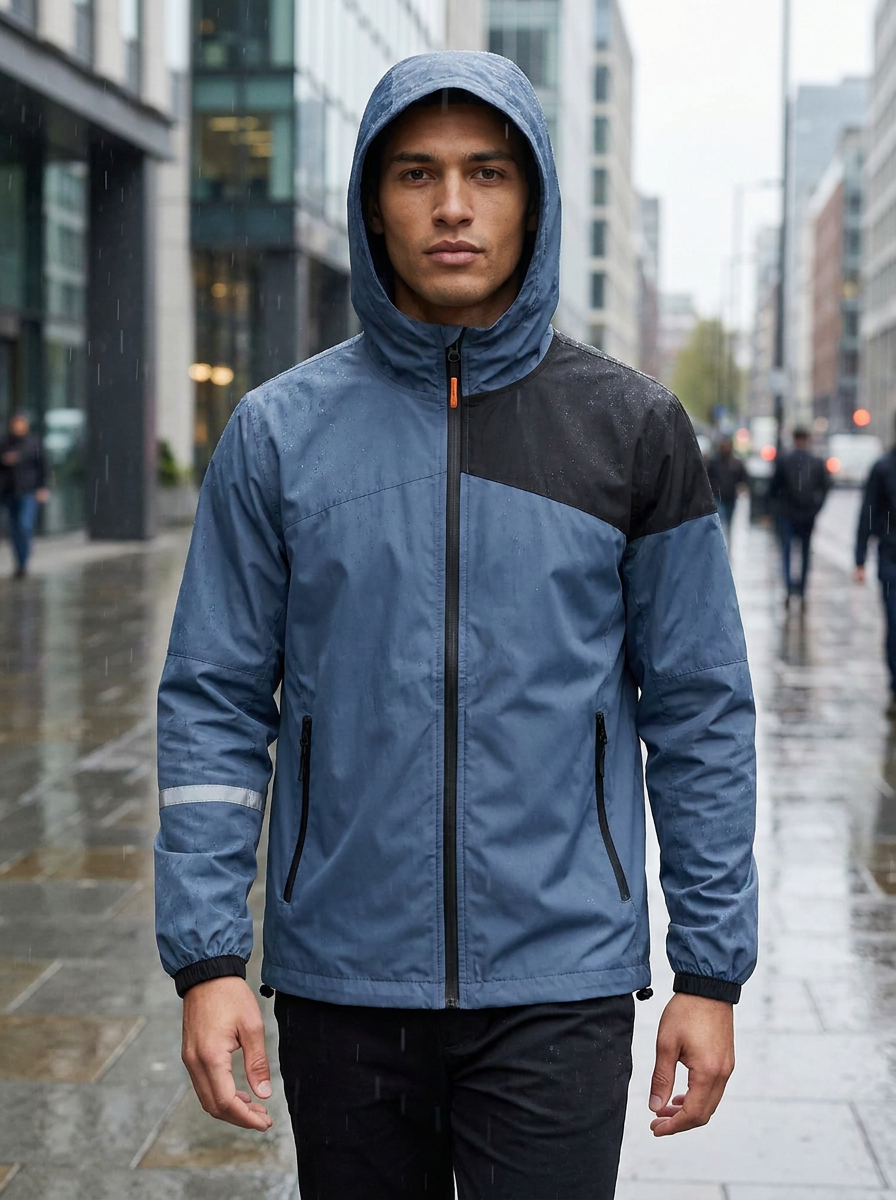 Nano Banana Pro blue rain jacket lifestyle image