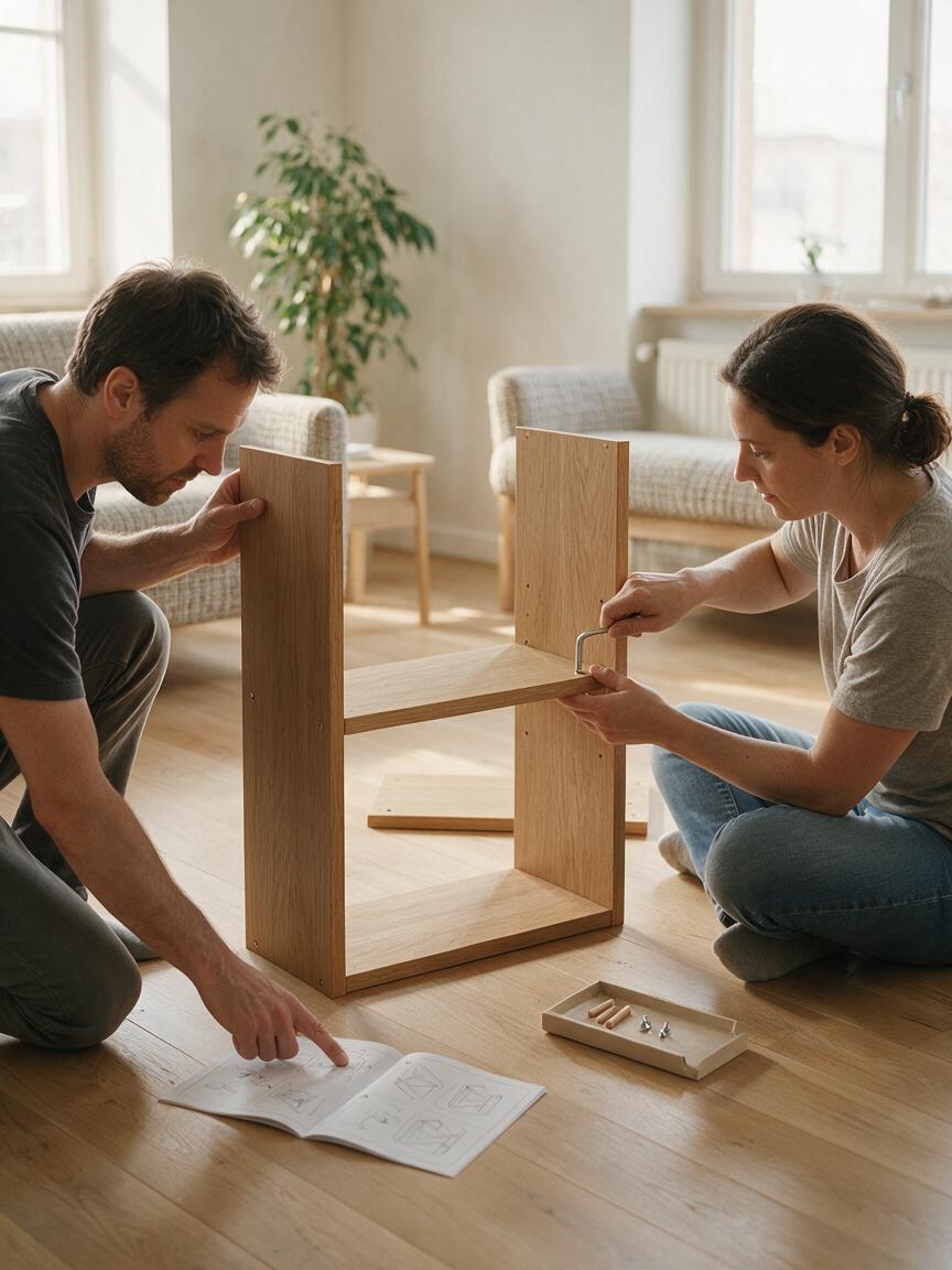 Seedream 5.0 Pro people assembling wooden furniture
