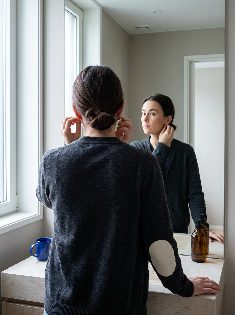Nano Banana Pro woman putting on an earring in a mirror