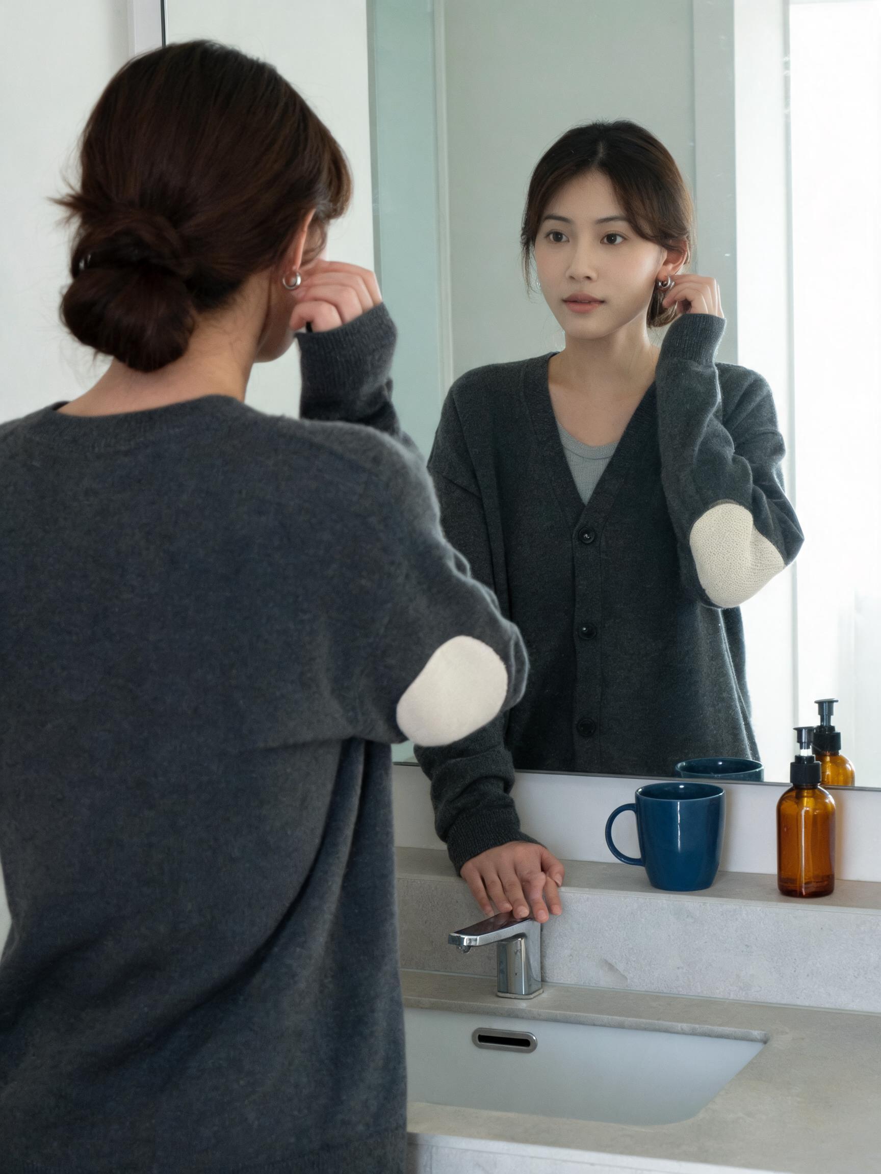 Seedream 5.0 Pro woman putting on an earring in a mirror