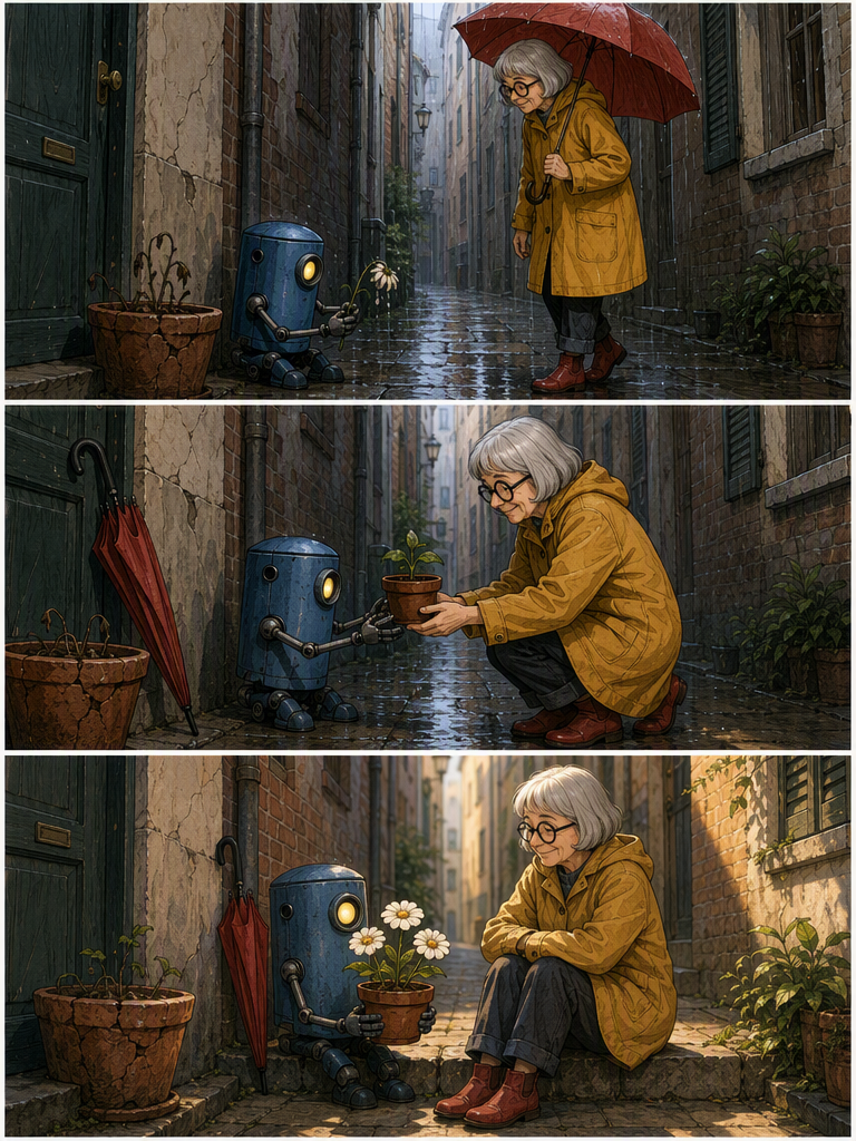 GPT Image 2 three-panel robot and woman story
