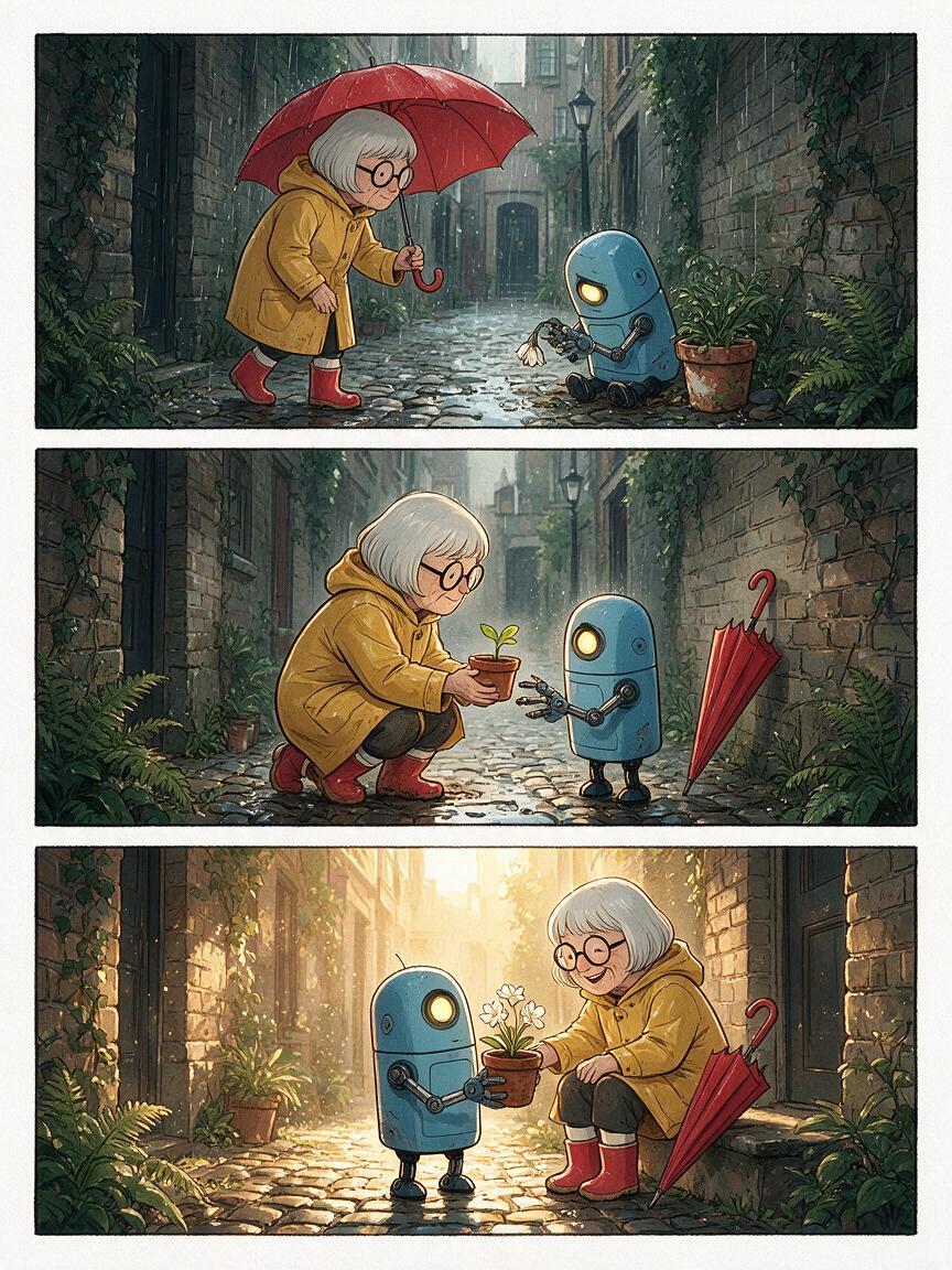 Seedream 5.0 Pro three-panel robot and woman story