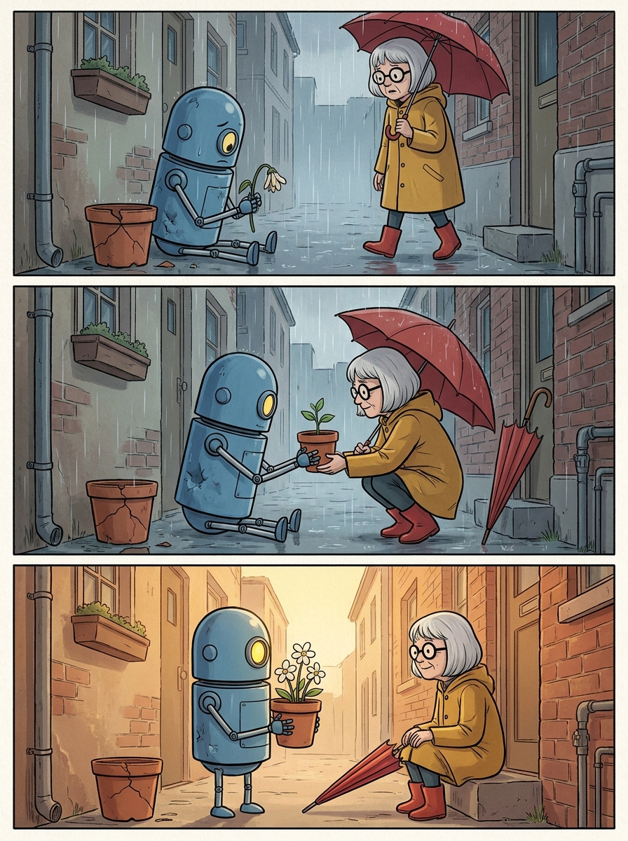 Nano Banana Pro three-panel robot and woman story