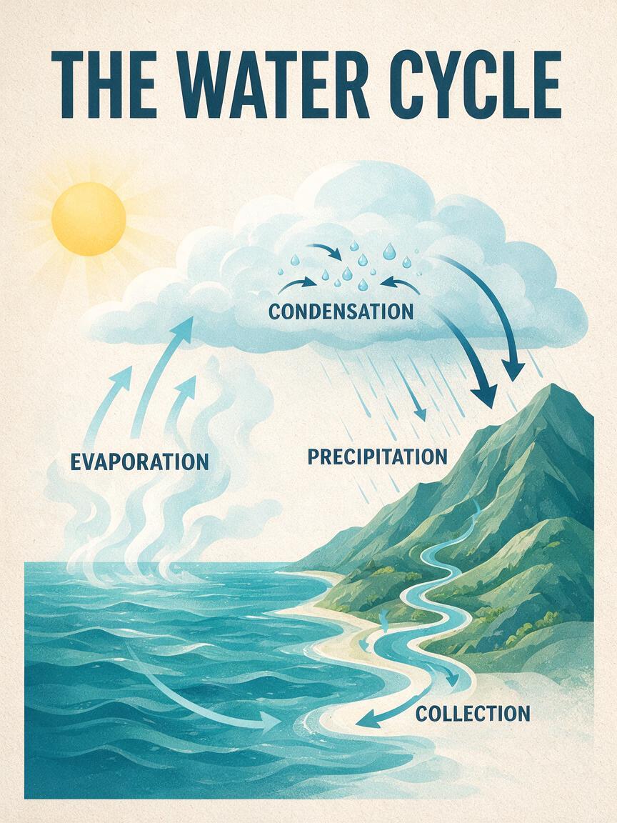 Seedream 5.0 Pro water cycle infographic