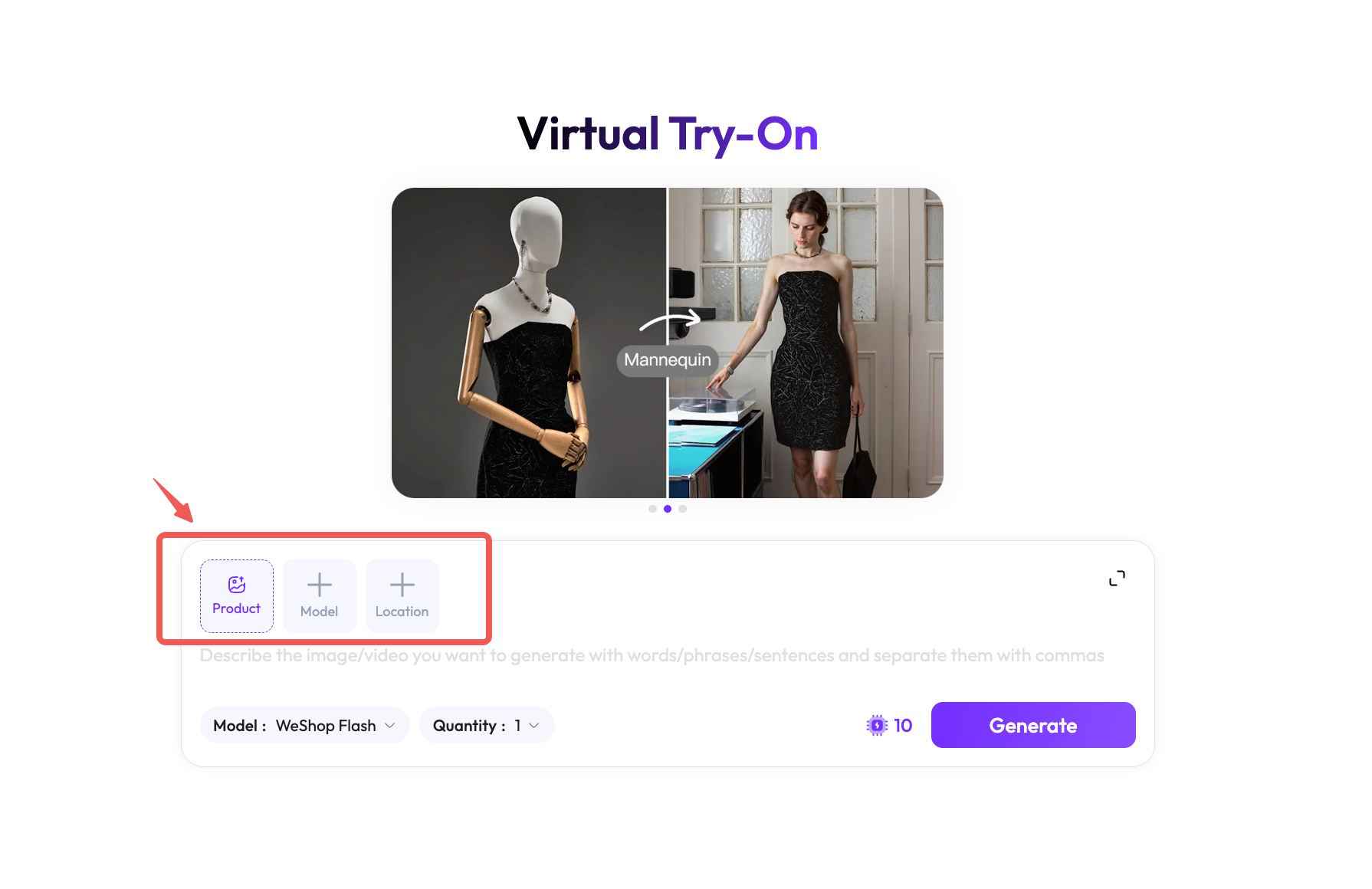 WeShop AI Virtual Try-On interface highlighting the Product image upload control