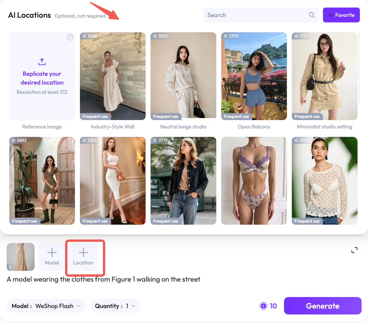 WeShop AI Locations library showing selectable backgrounds and the location reference upload option