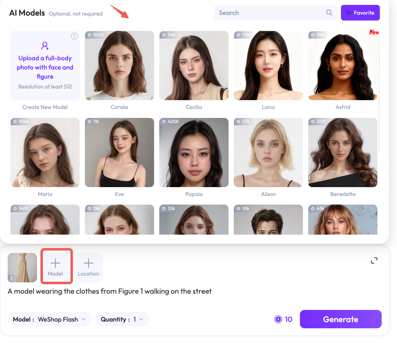 WeShop AI model library showing selectable fashion models and the custom model upload option