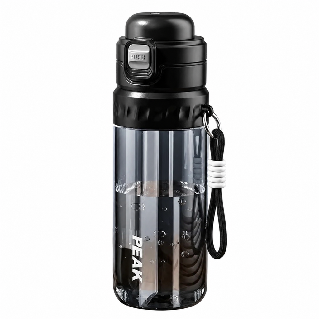 Black sports bottle isolated on a pure white ecommerce background