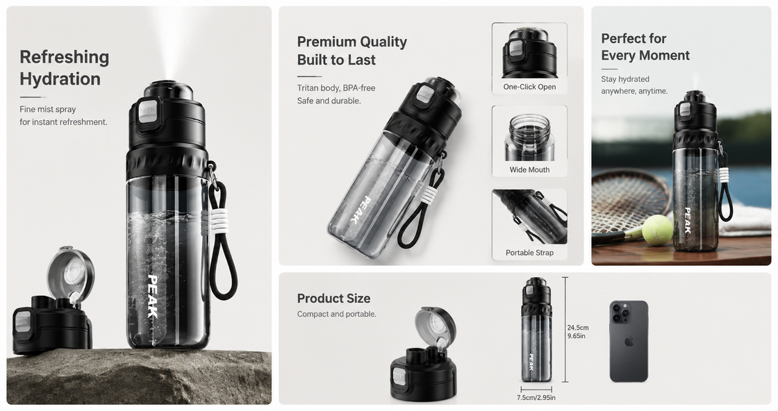 AI-generated Amazon A-plus style graphic for a black sports bottle