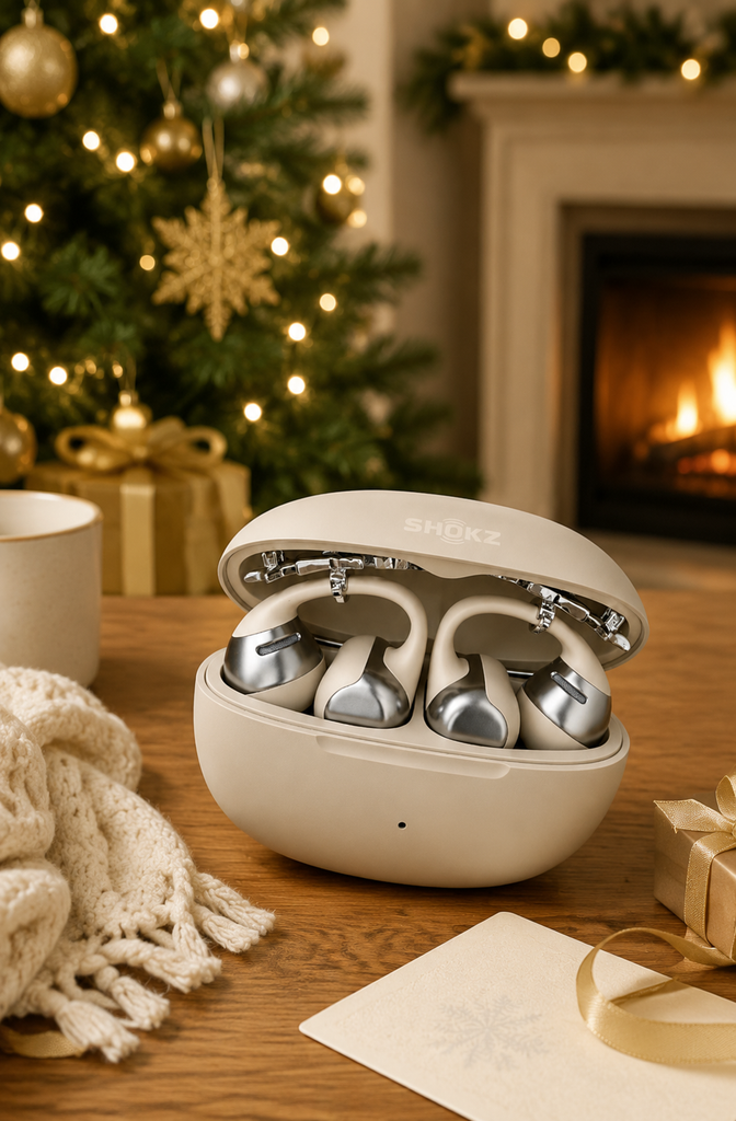 AI-generated open-ear headphones displayed in a warm Christmas interior