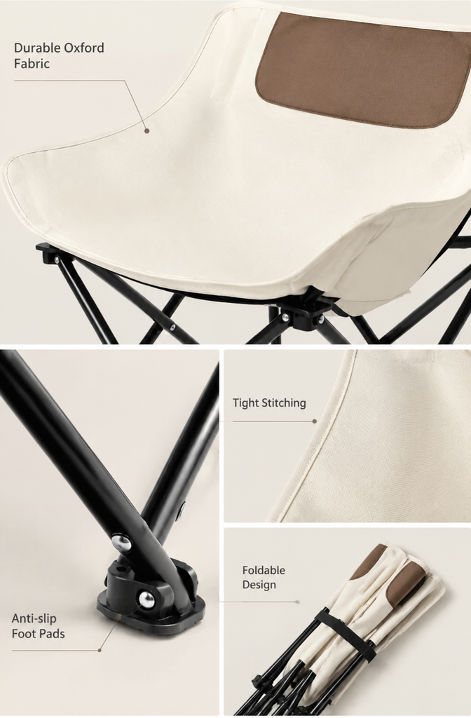 AI-generated camping chair feature graphic with a full product view and detail panels