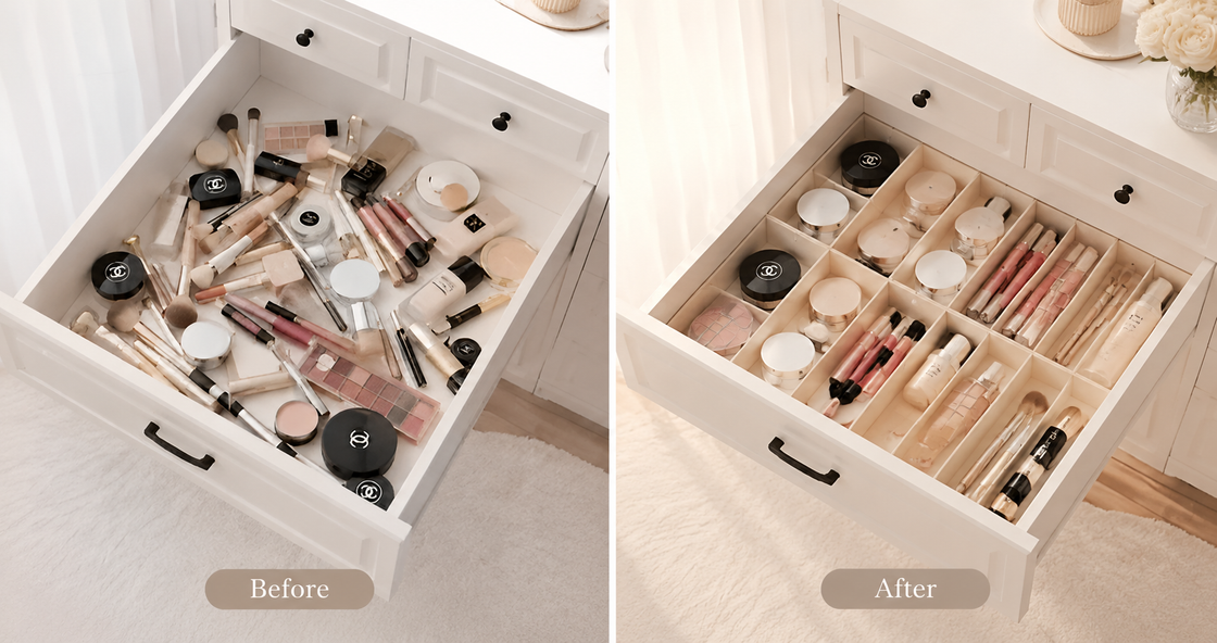 AI-generated before-and-after comparison of a messy and organized cosmetics drawer