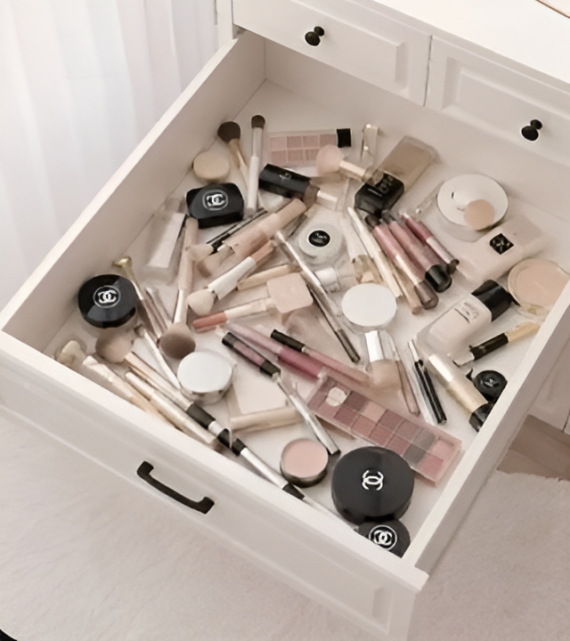 Messy cosmetics drawer before organization