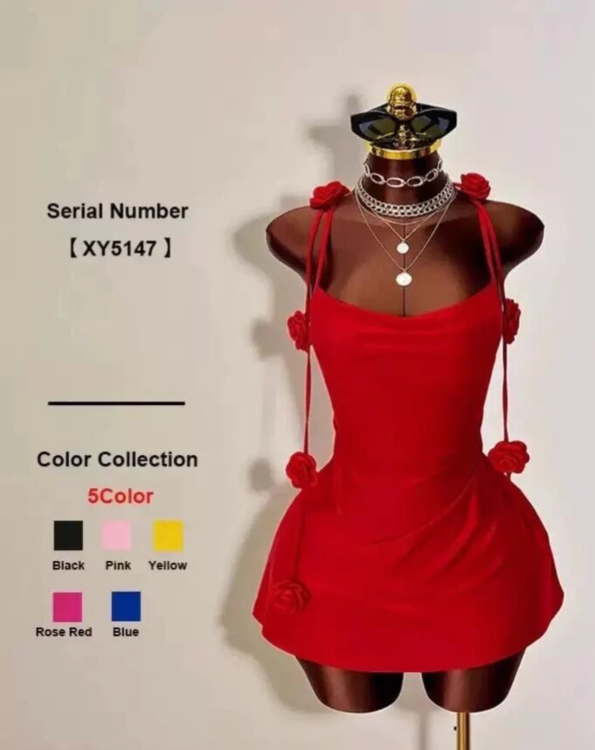 Original ecommerce image of a red mini dress displayed on a mannequin