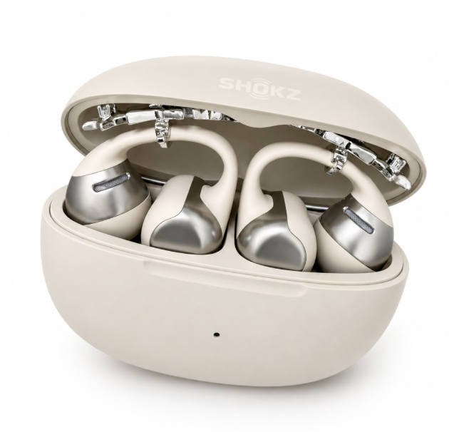 Beige open-ear headphones and charging case displayed on a white background