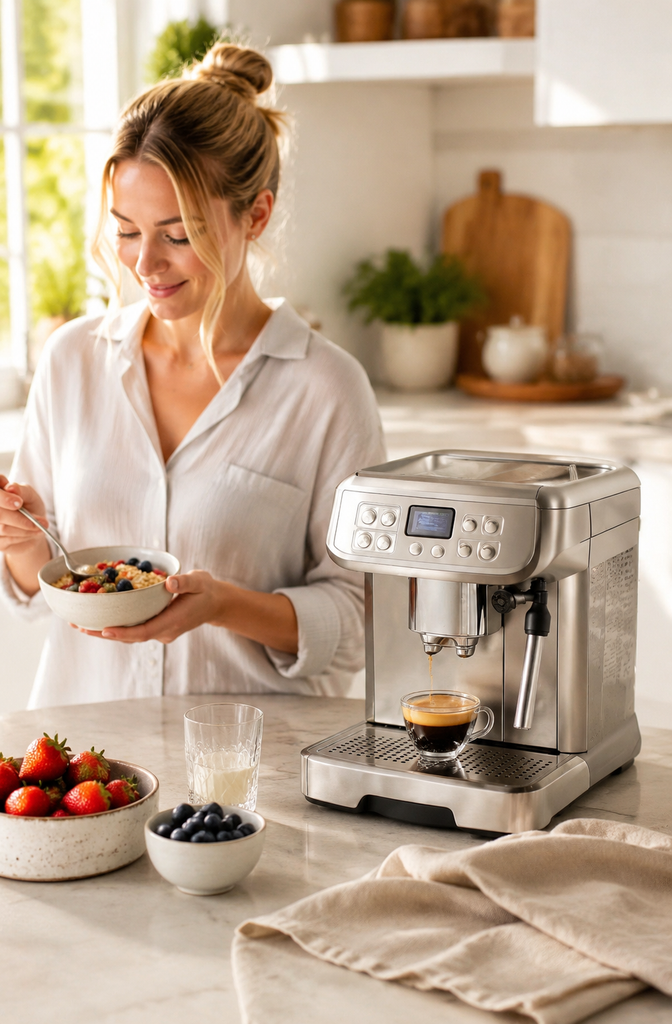 AI-generated woman preparing breakfast beside the coffee machine in a bright kitchen