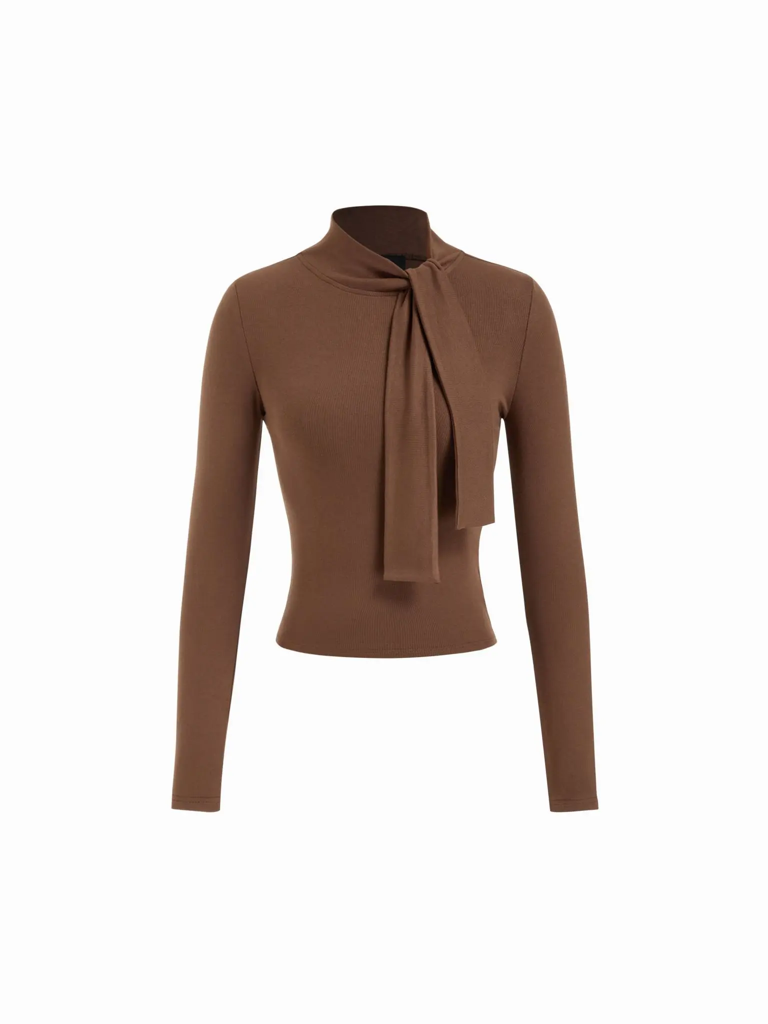 Brown tie-neck long-sleeve top photographed against a white background