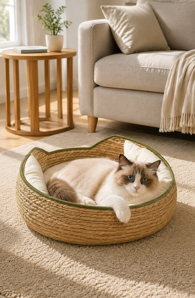AI-generated cat resting inside the woven pet bed in a bright living room