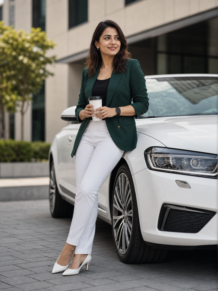 AI-generated adult woman in a green blazer and white trousers standing beside a premium white car