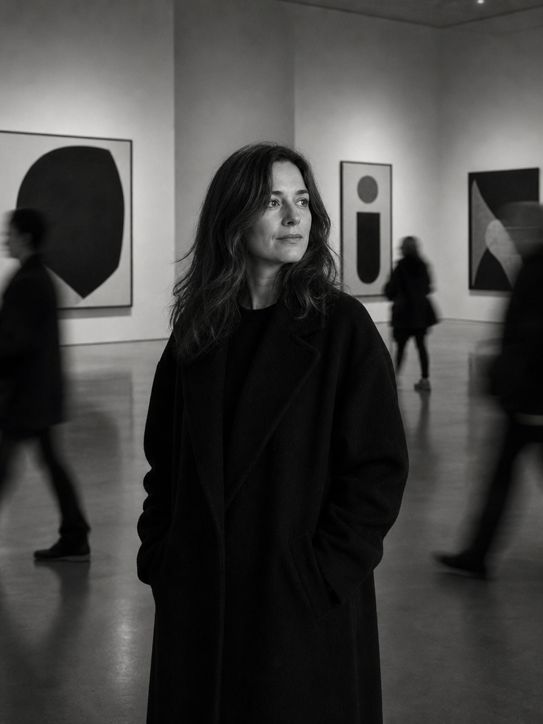 Black-and-white AI portrait of an adult woman standing still while visitors move through an art gallery