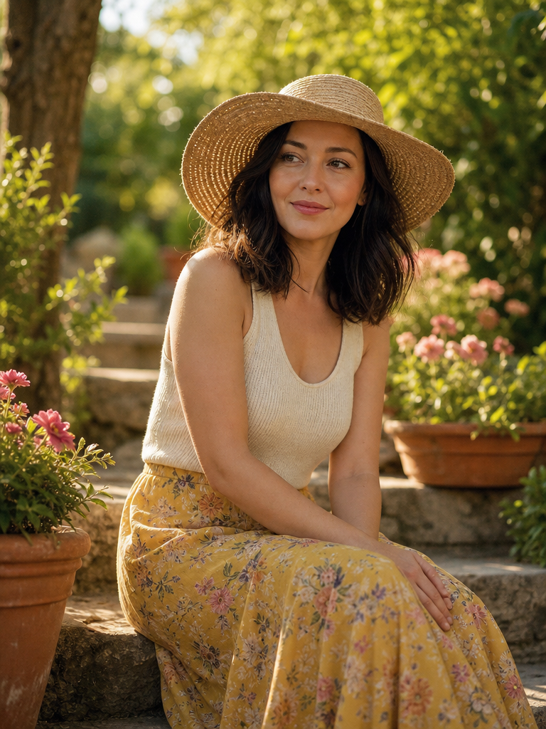 AI-generated adult woman wearing a straw hat and yellow floral skirt while sitting on garden steps