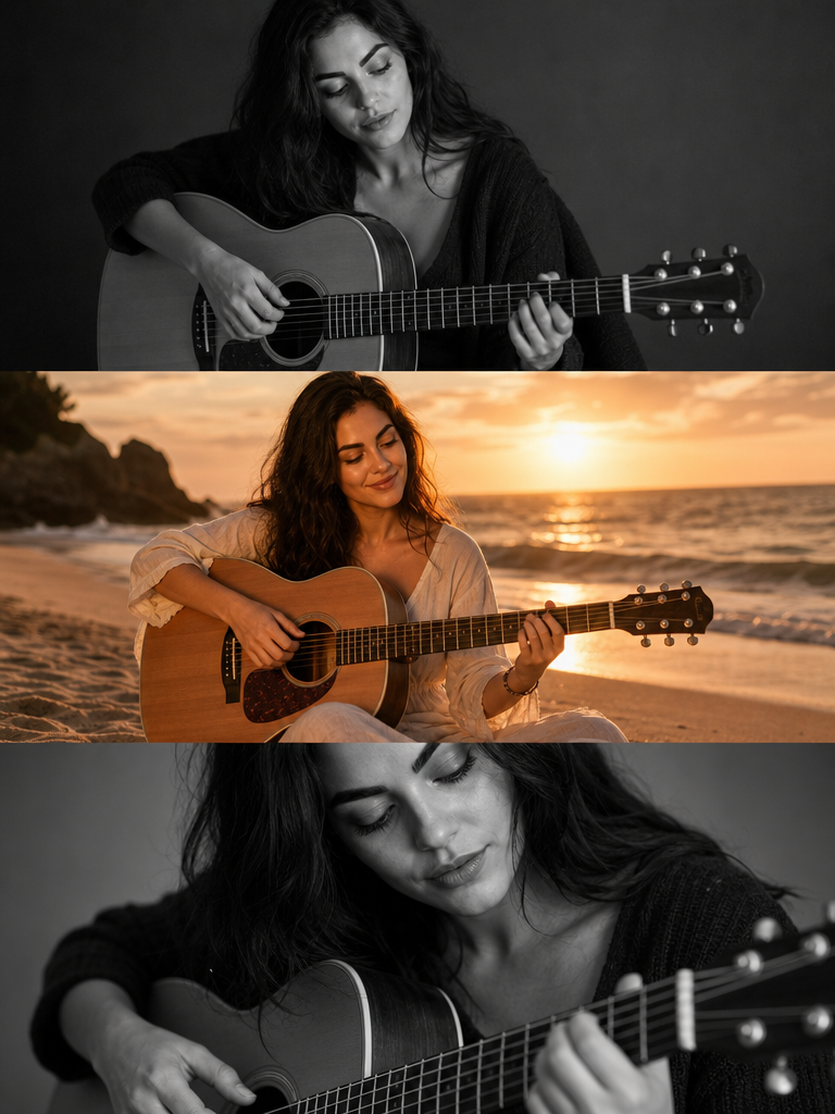 Three-panel AI collage of the same adult woman playing an acoustic guitar indoors and on a beach at sunset