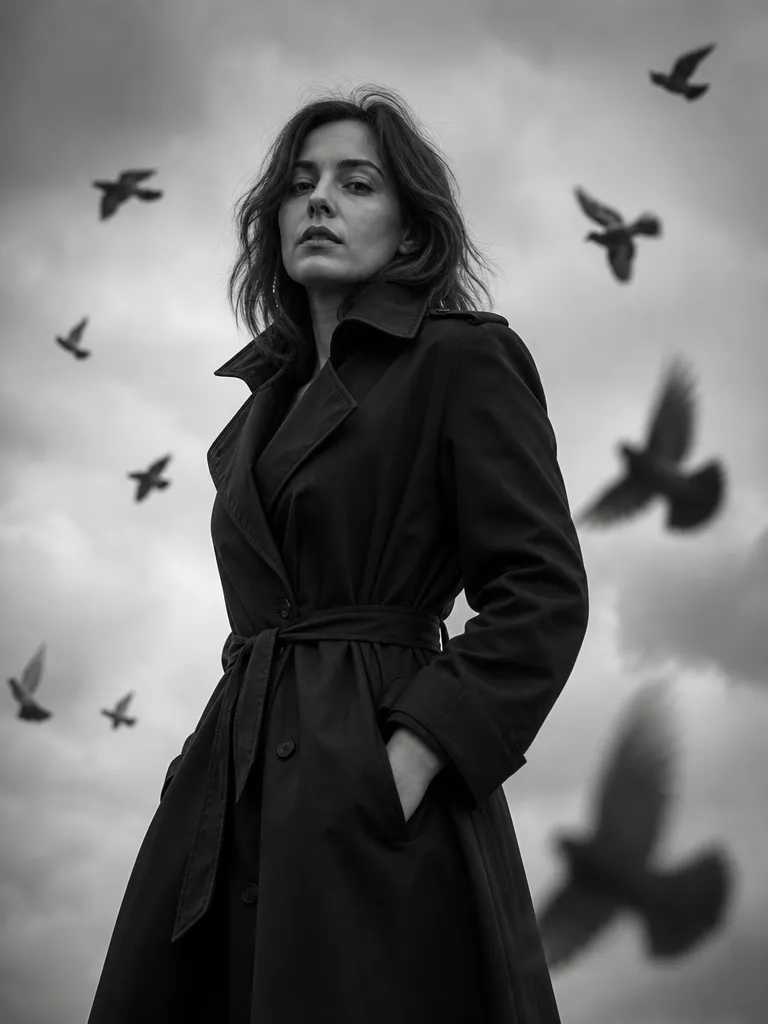 Black-and-white AI portrait of an adult woman wearing a trench coat beneath birds in flight