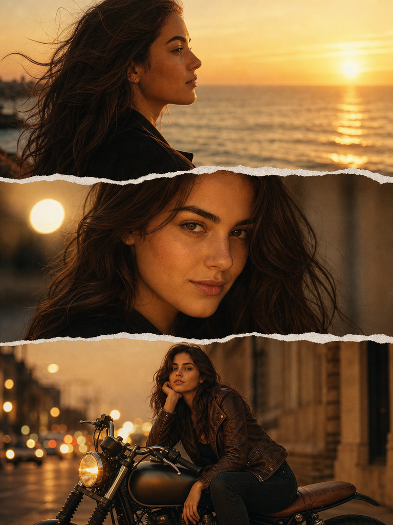 Three-panel AI portrait collage showing an ocean profile, warm close-up, and urban motorcycle scene