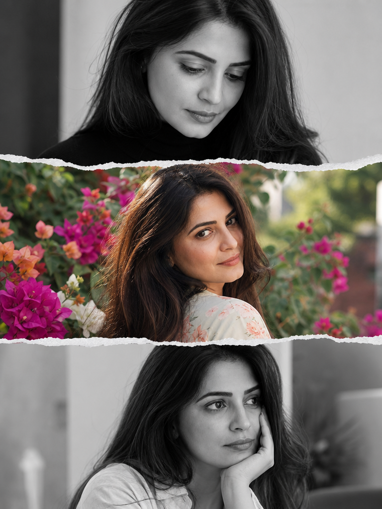 Three-panel AI portrait collage with monochrome close-ups and a colorful garden portrait separated by torn paper