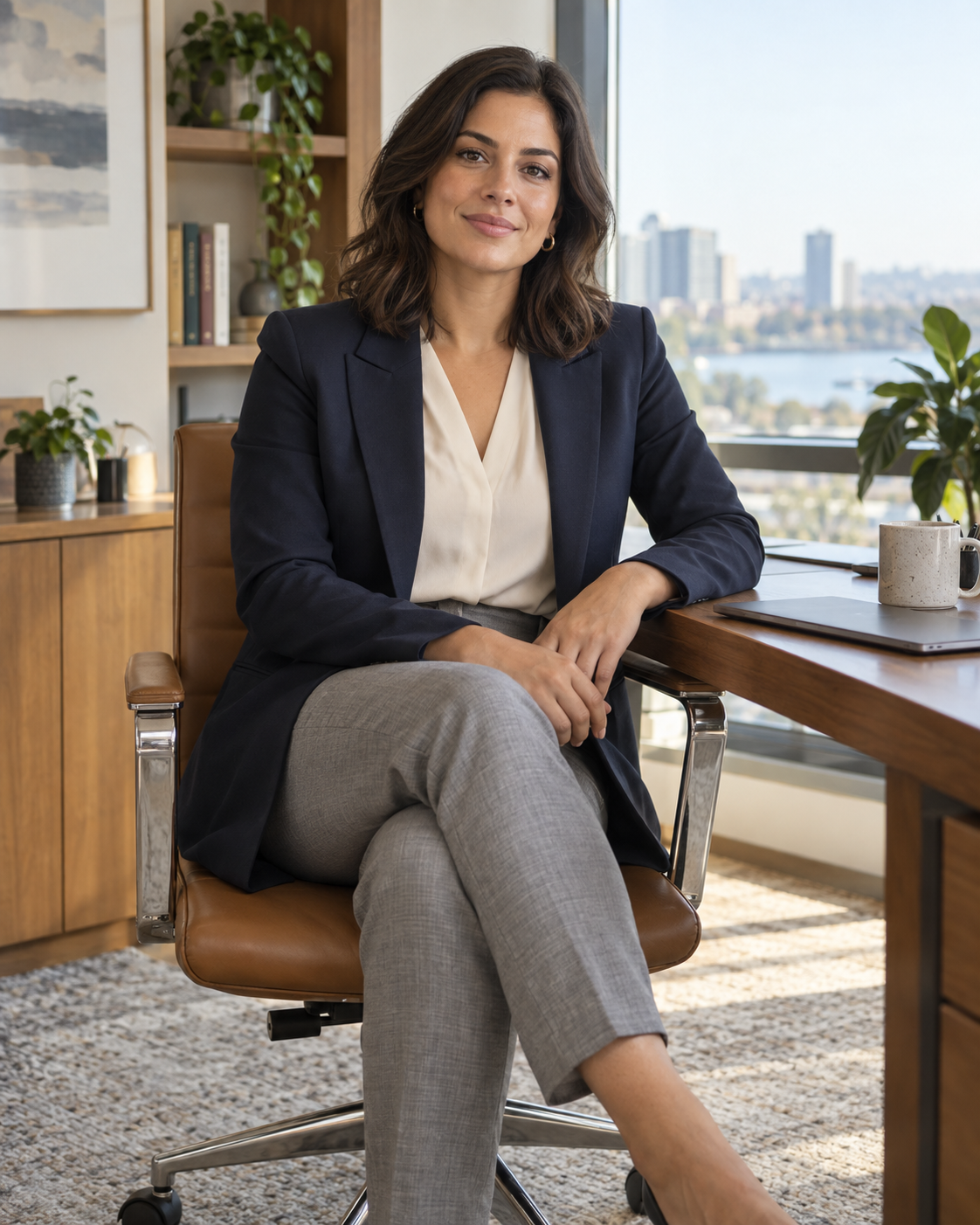Adult professional woman seated naturally in a softly lit modern office