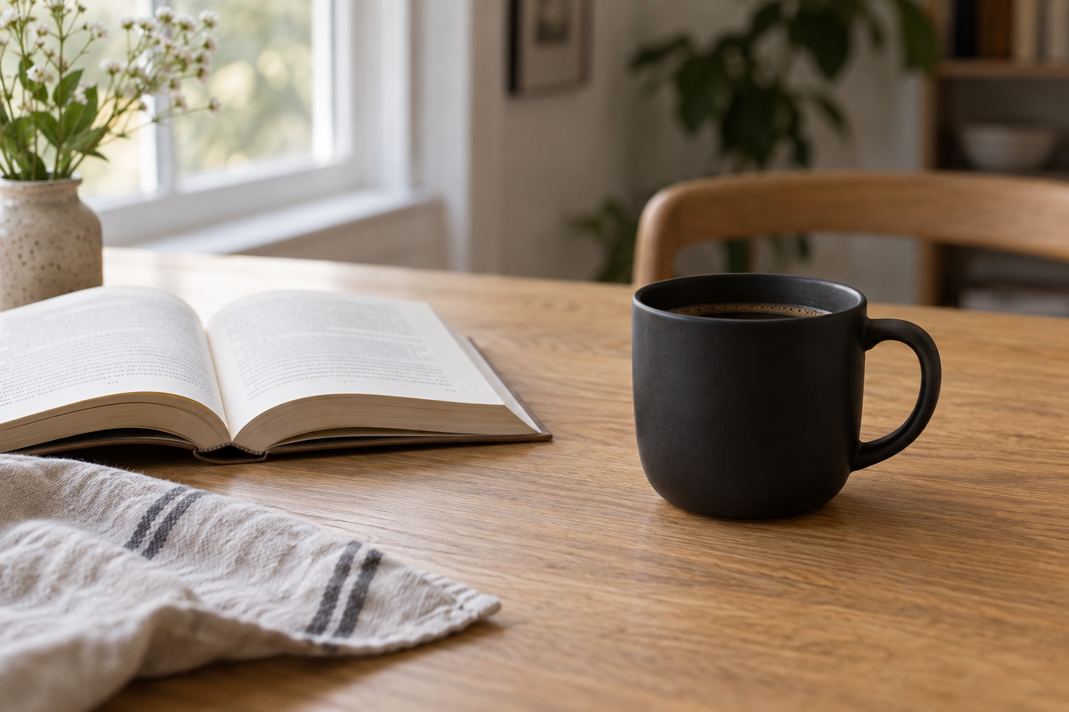 Matte black ceramic cup placed on the right side of a naturally lit wooden table