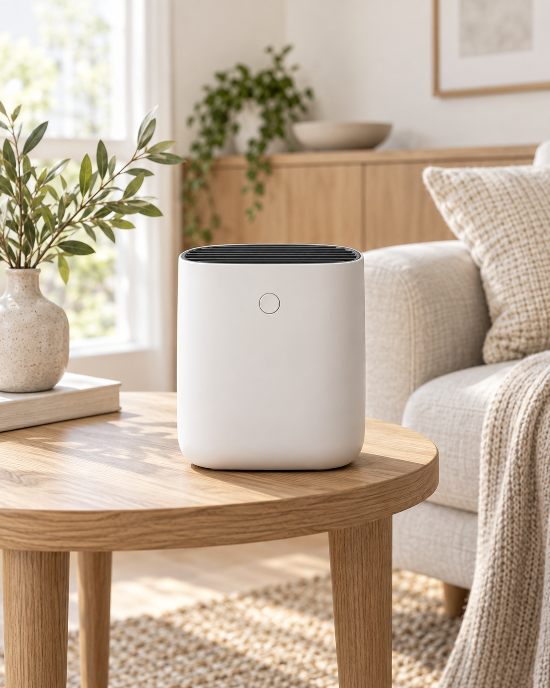 White tabletop air purifier placed in a premium neutral living-room environment