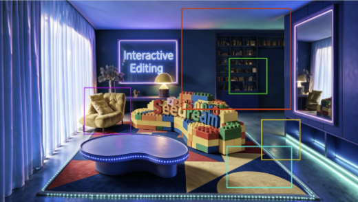 Interior image with multiple colored selection boxes for Seedream 5.0 Pro regional editing