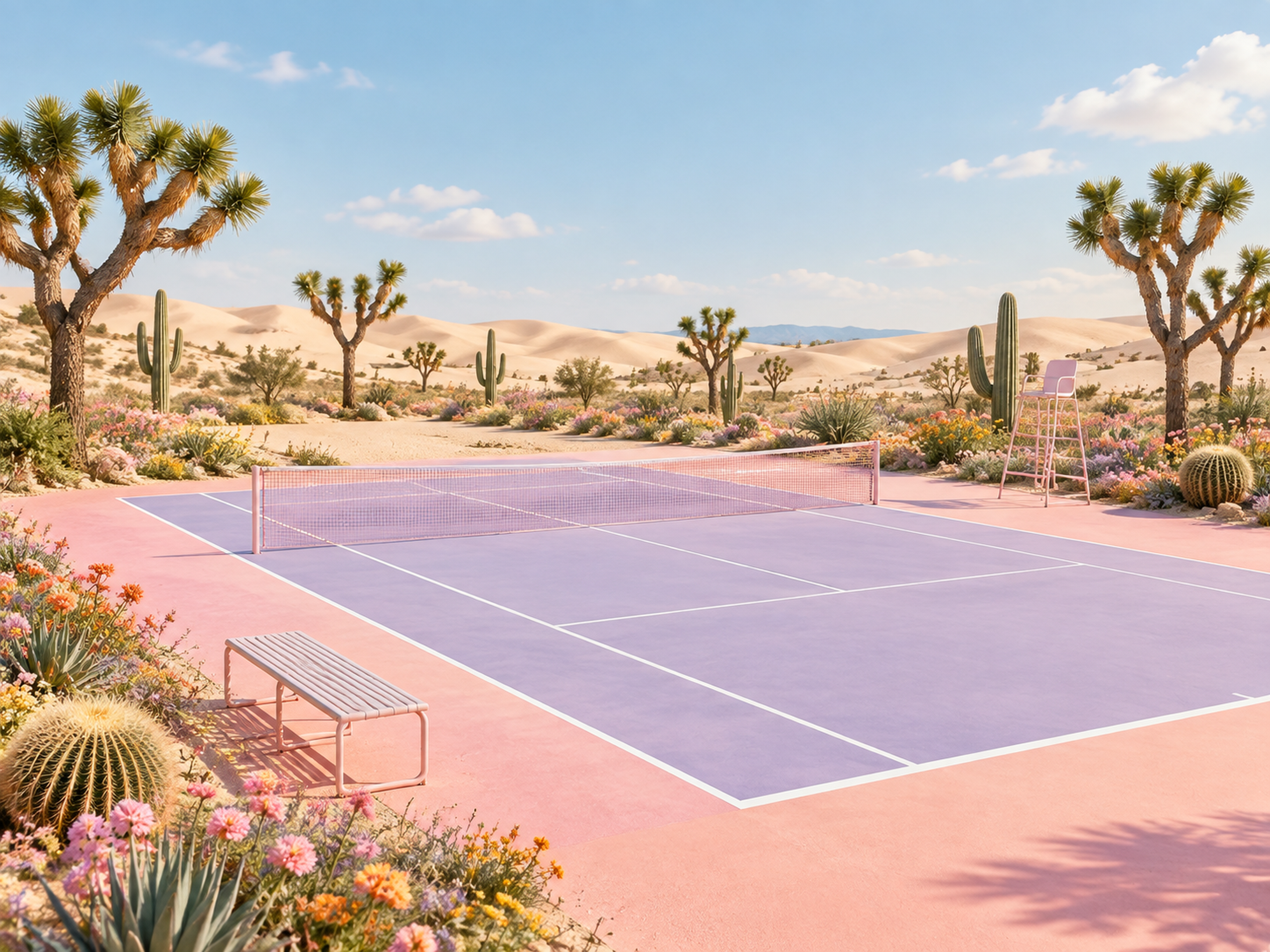 AI Image Generator: Combine Two Reference Images into a Pastel Desert Tennis Court