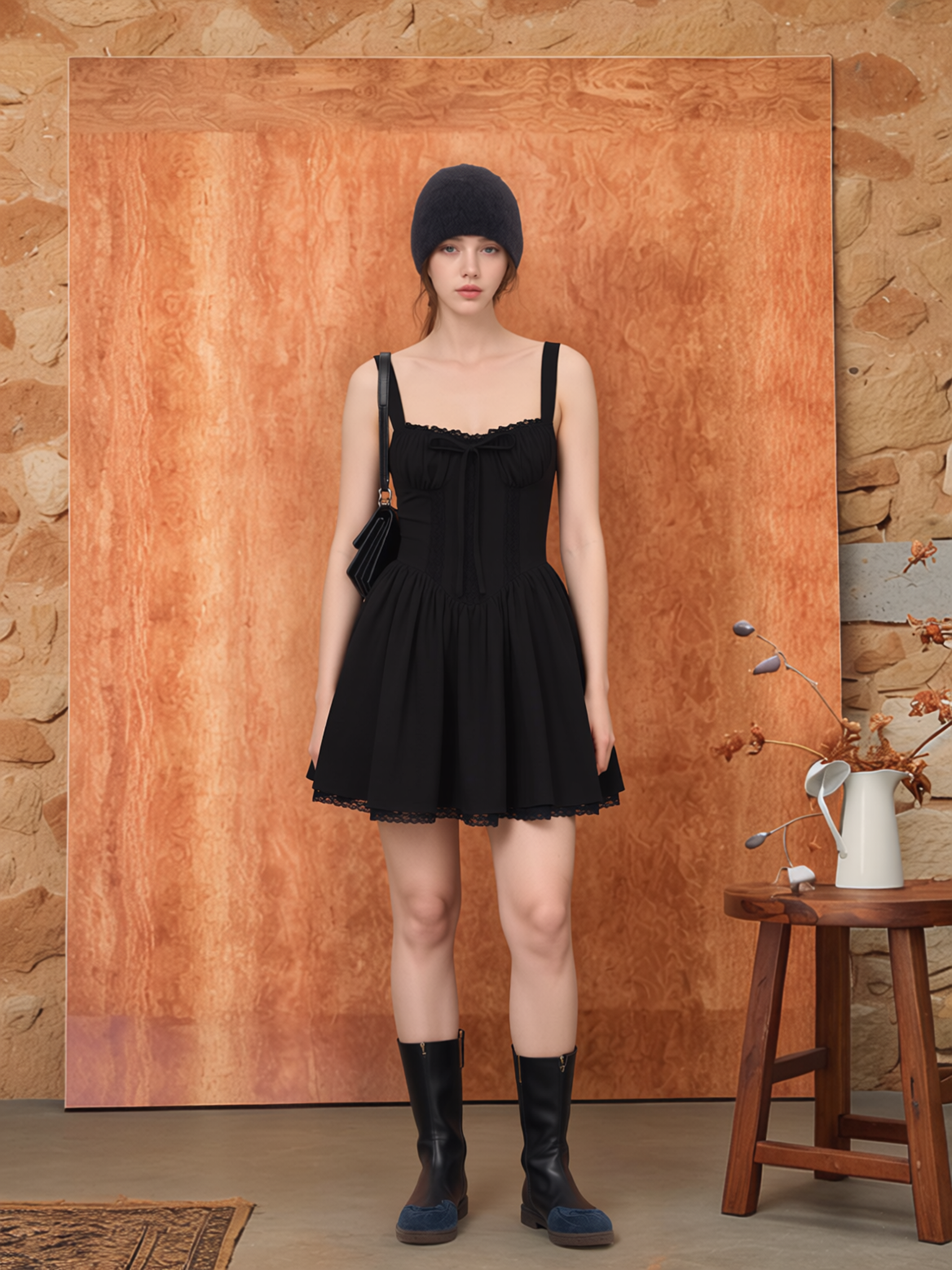 Adult AI fashion model wearing the black corset-style mini dress in a warm interior setting