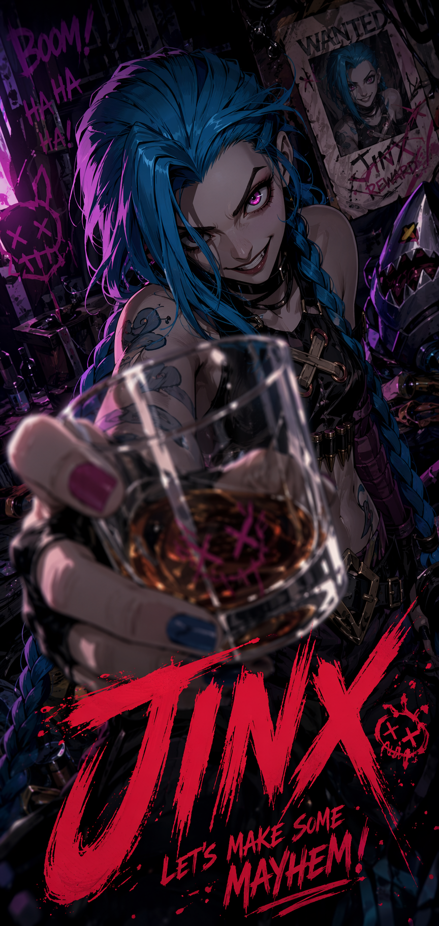 Vertical neon anime social media poster created with a low-angle composition