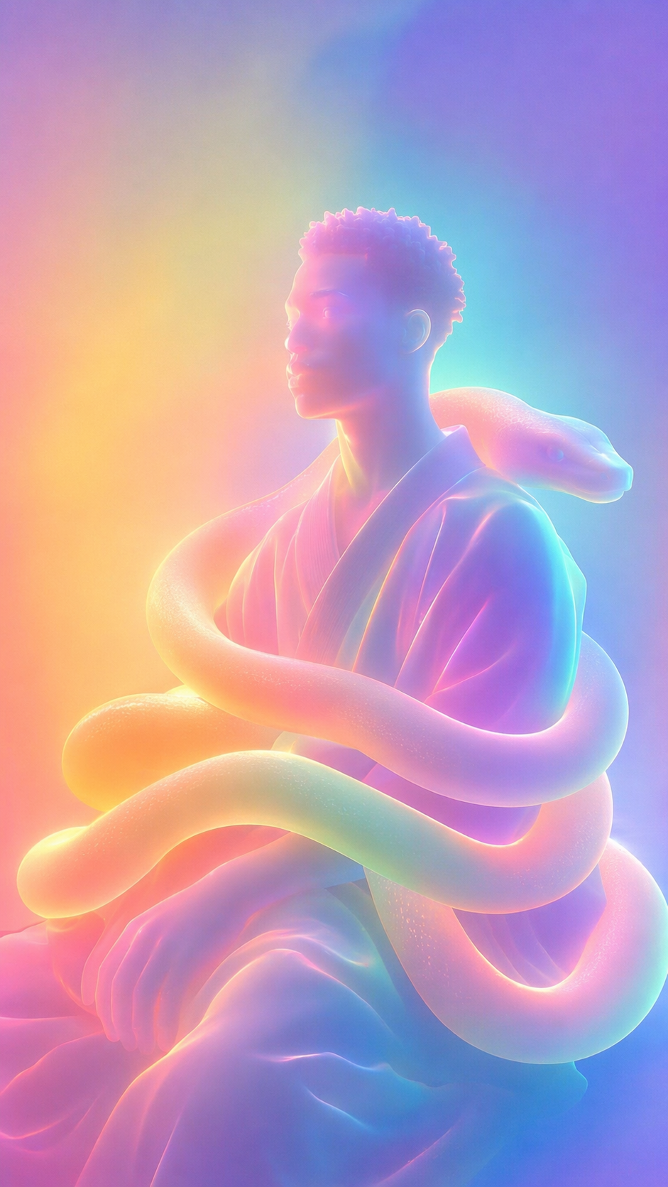 Man and snake rendered as a glowing neon gradient 3D sculpture