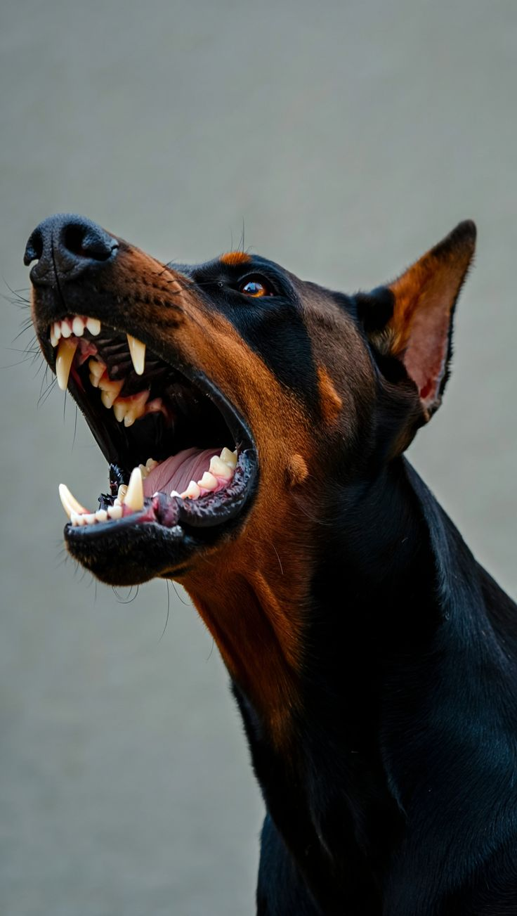 Original close-up photograph of a Doberman with its mouth open