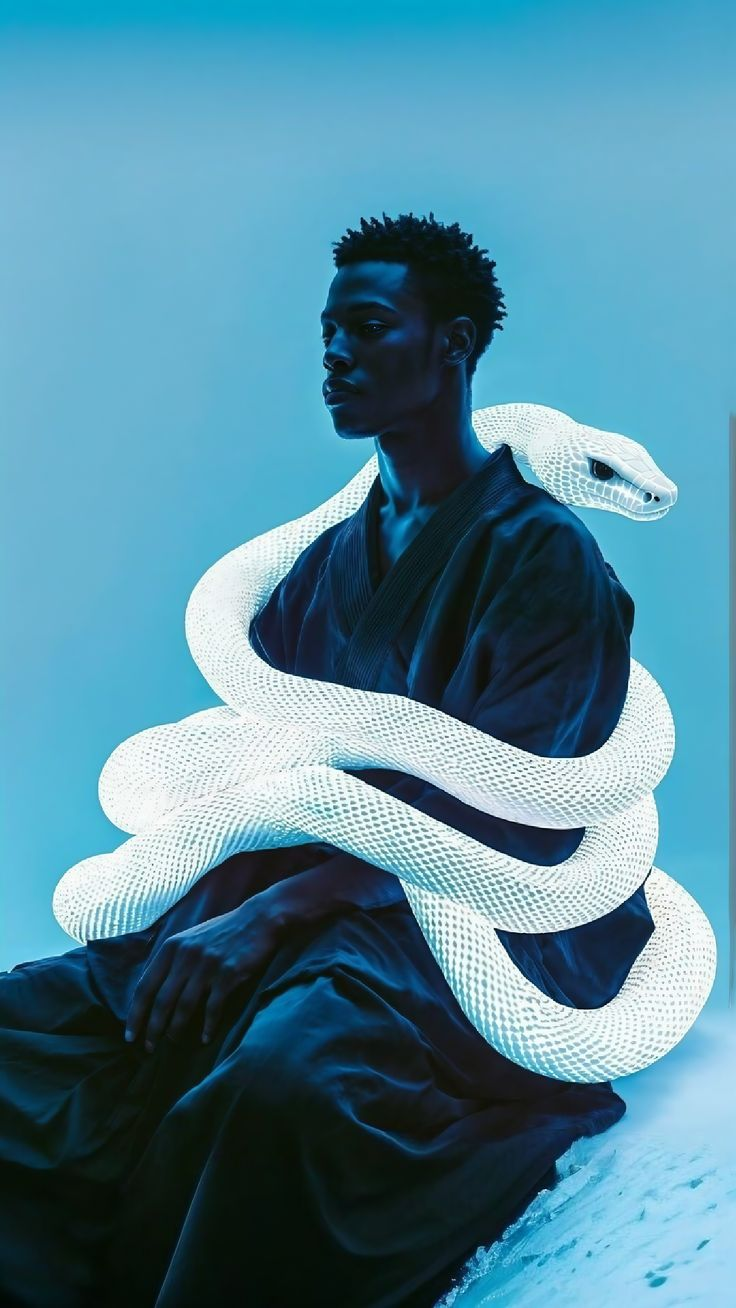 Original portrait of a seated man surrounded by a white snake