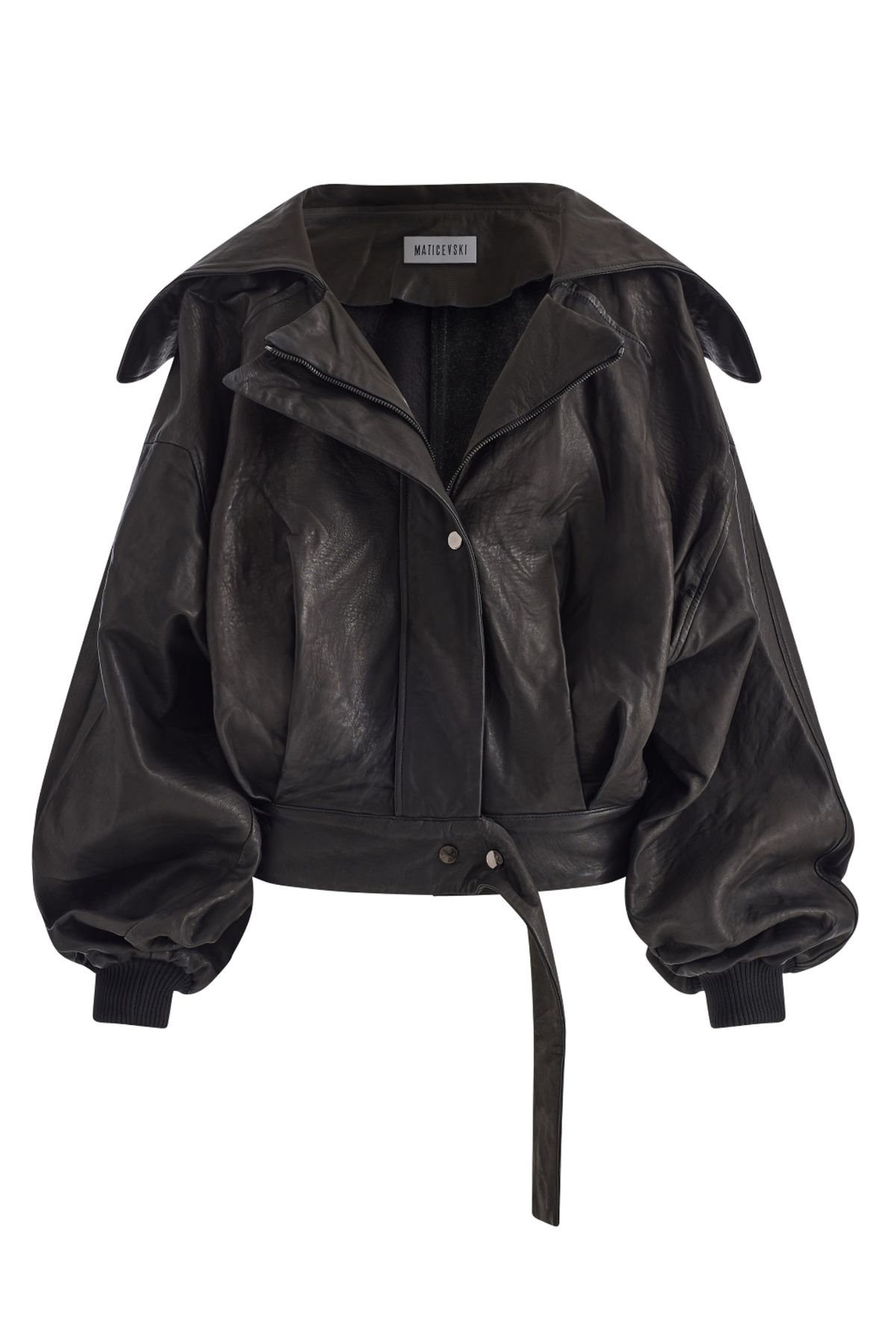 Black oversized leather jacket flat-lay product image