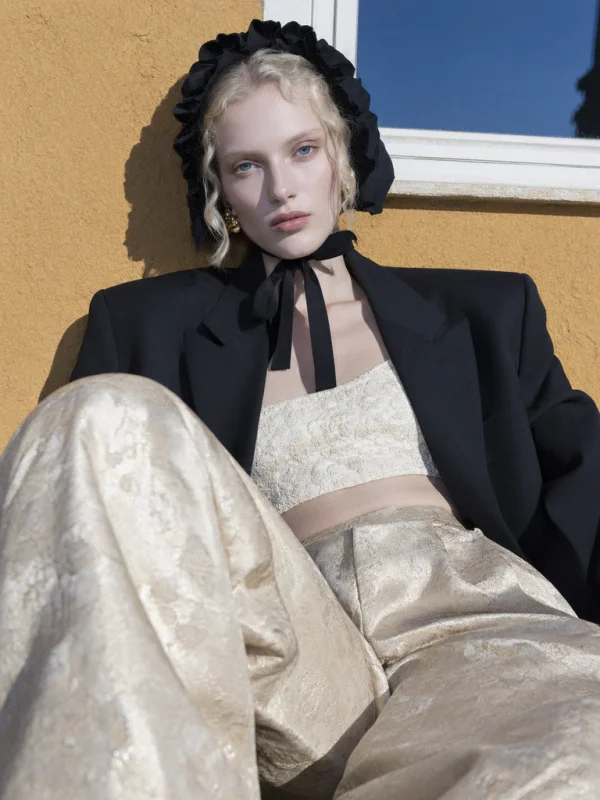 AI-generated brocade and bonnet portrait fashion editorial