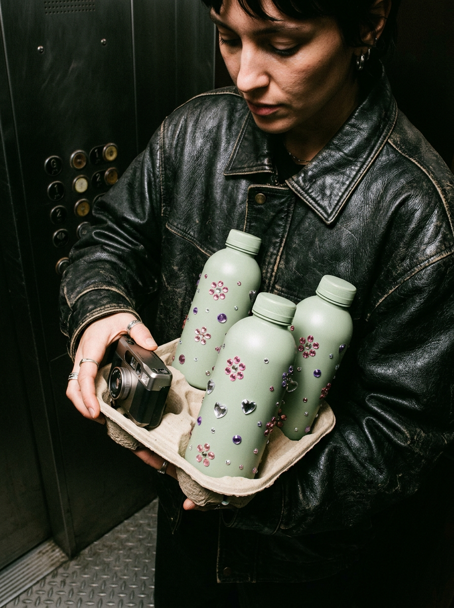 Green wellness bottles with rhinestones held in a dark elevator